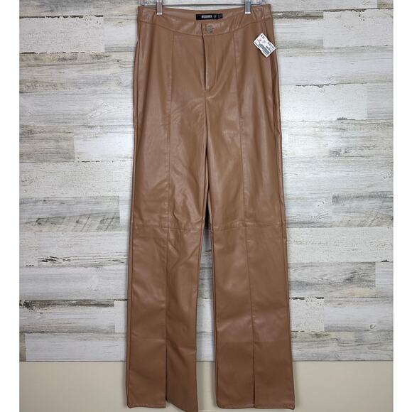 Missguided womens 10 tan vegan leather straight leg pants new zip wide boho - Picture 1 of 6